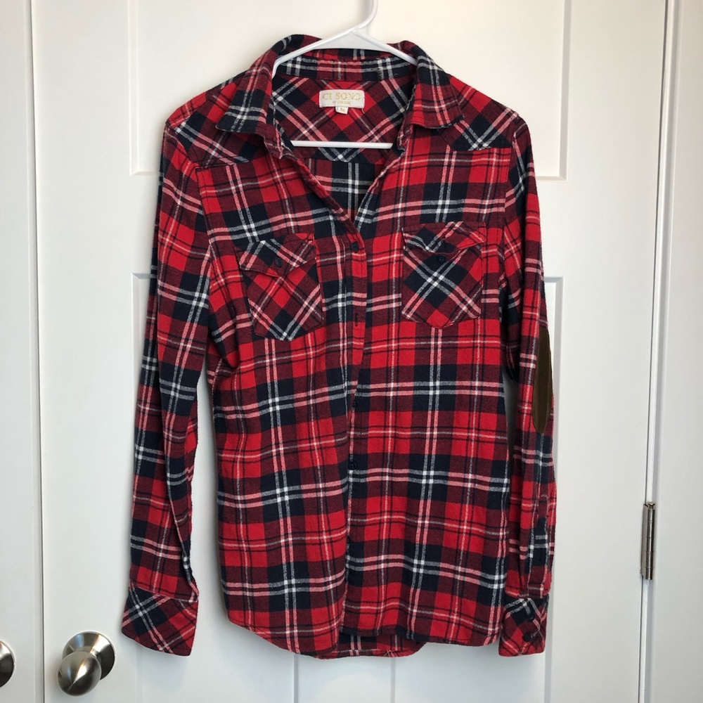Red Plaid shirt with brown elbows.